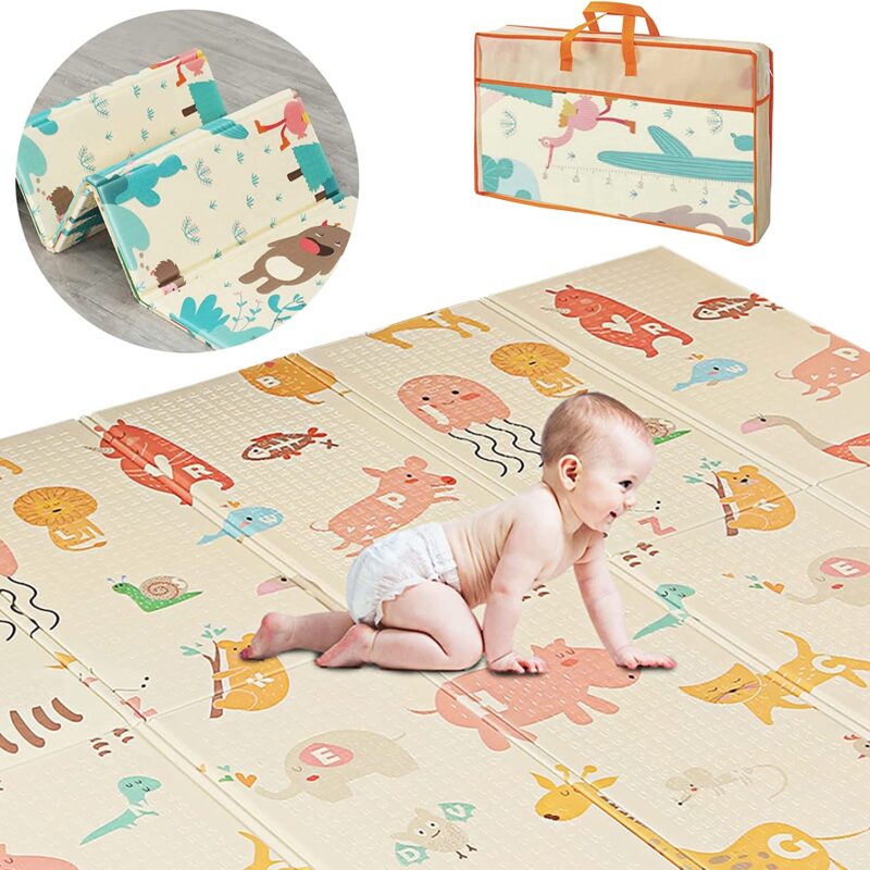 Tapis de jeu pour Bébé,Tapis d'Éveil et de jeux Pliable en Mousse Imperméable Non Toxique pour Enfant Impression Renard Ours Animaux Mignons 150x200x1cm (Animal)