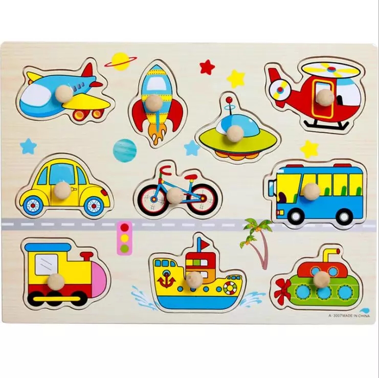 Puzzle en bois à boutons – Formes, animaux marins et véhicules