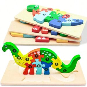 Puzzle en bois 3D – Dinosaure numéroté et coloré