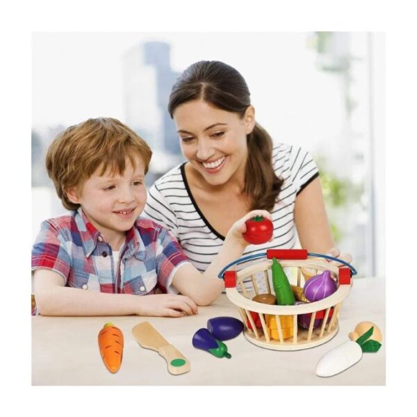 Panier de fruits en bois Montessori avec couteau et fruits à découper – 12 pièces – Image 2