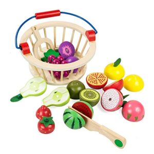 Panier de fruits en bois Montessori avec couteau et fruits à découper – 12 pièces