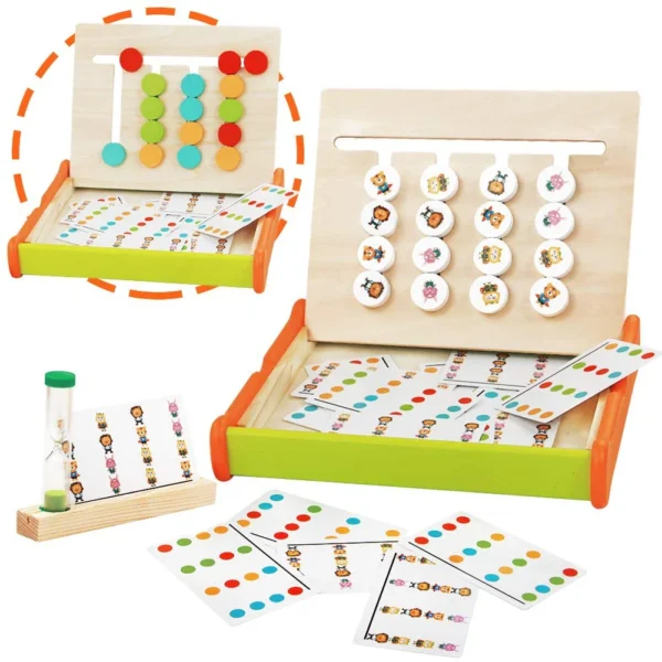 Jeu de mémoire en bois avec pions animaux et cartes modèles
