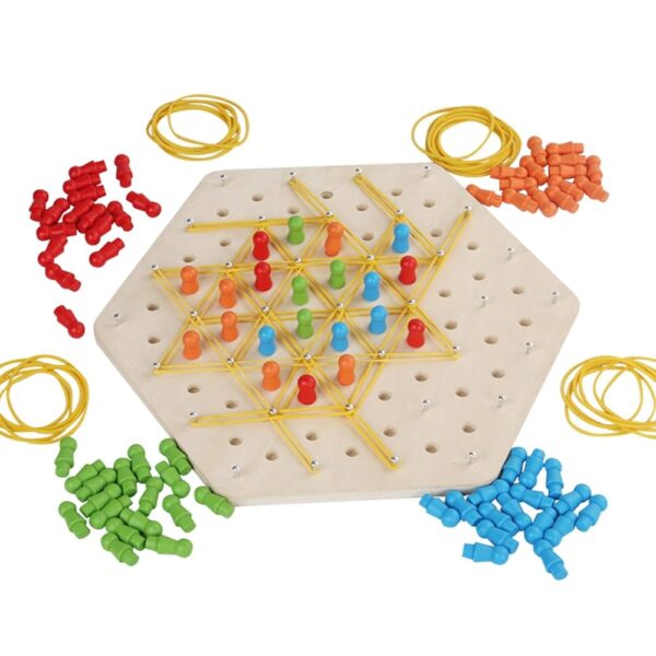 Jeu de réflexion et de stratégie en bois avec élastiques et pions colorés – Image 2