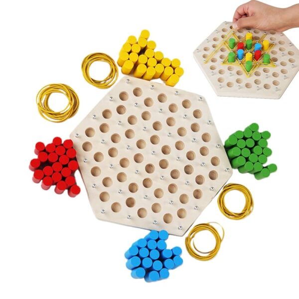 Jeu de réflexion et de stratégie en bois avec élastiques et pions colorés – Image 4