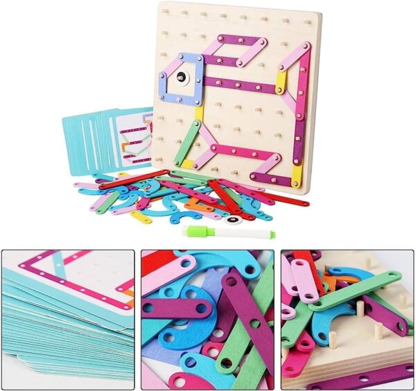 Jeu éducatif de clous et formes géométriques en bois avec cartes modèles – Image 3