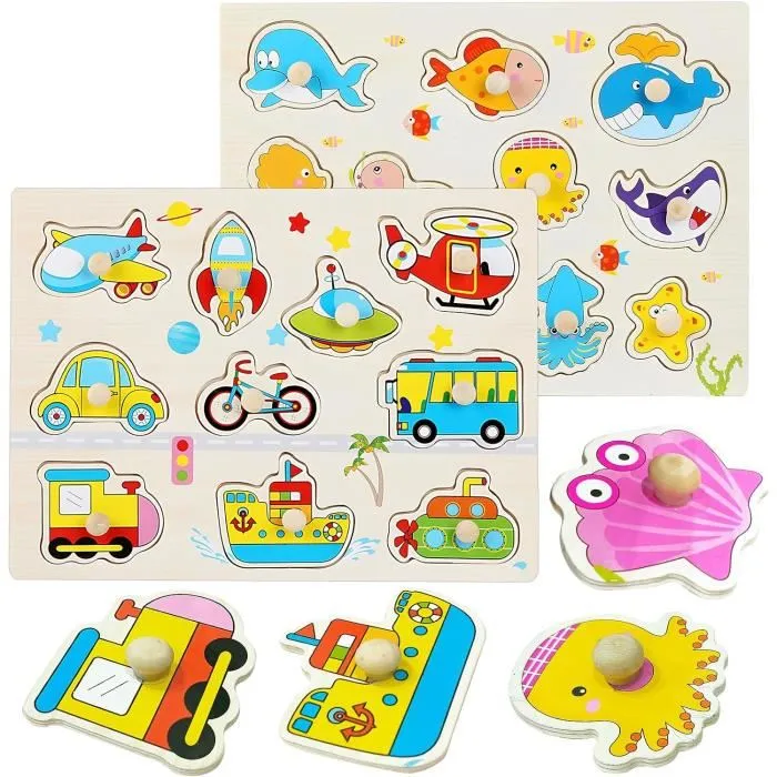 Puzzle en bois à boutons – Formes, animaux marins et véhicules – Image 2