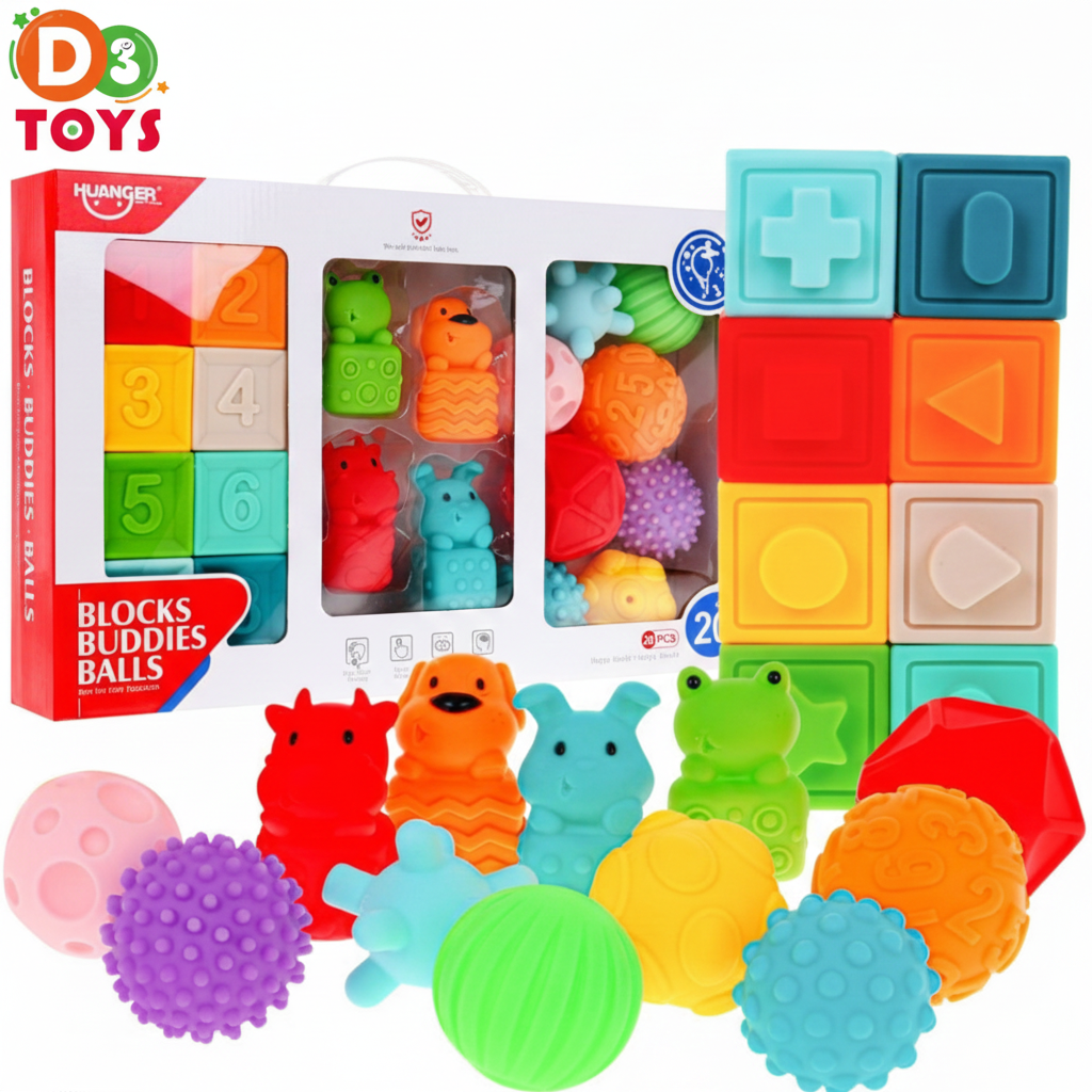 Coffret Éveil Bébé Blocs, Animaux et Balles Sensoriels – 20 Pièces