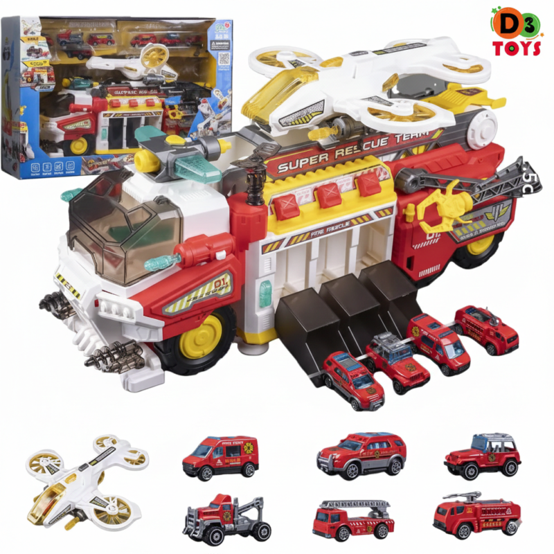 Camion Caserne de Pompiers 6-en-1 avec Véhicules et Hélicoptère