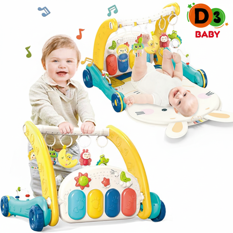 Trotteur Bébé Multifonction 2-en-1 avec Piano et Jouets d’Éveil