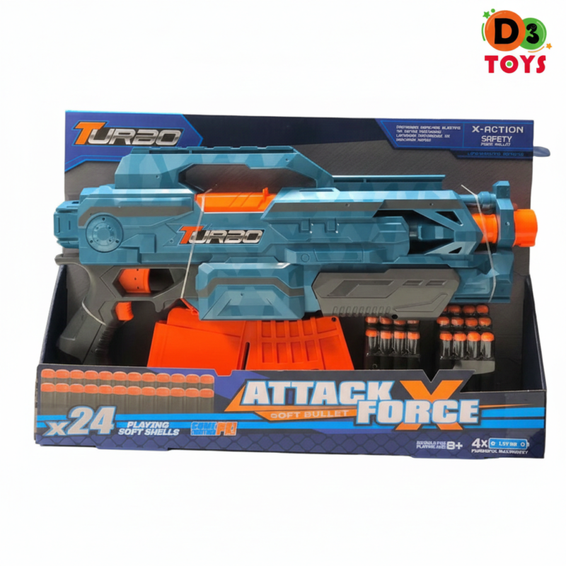 Pistolet Blaster Attack Force – Soft Bullets (24 fléchettes)