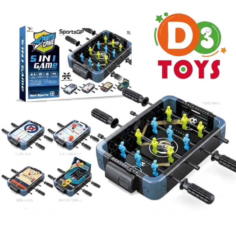 Mini Table Multi Jeux 5 en 1 pour Enfants – Babyfoot, Hockey, Basketball, Bowling & Curling